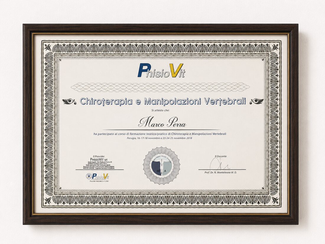 Certificate of training in Chirotherapy and Vertebral Manipulation awarded to Marco Perra by PhisioVit, Perugia, November 2018