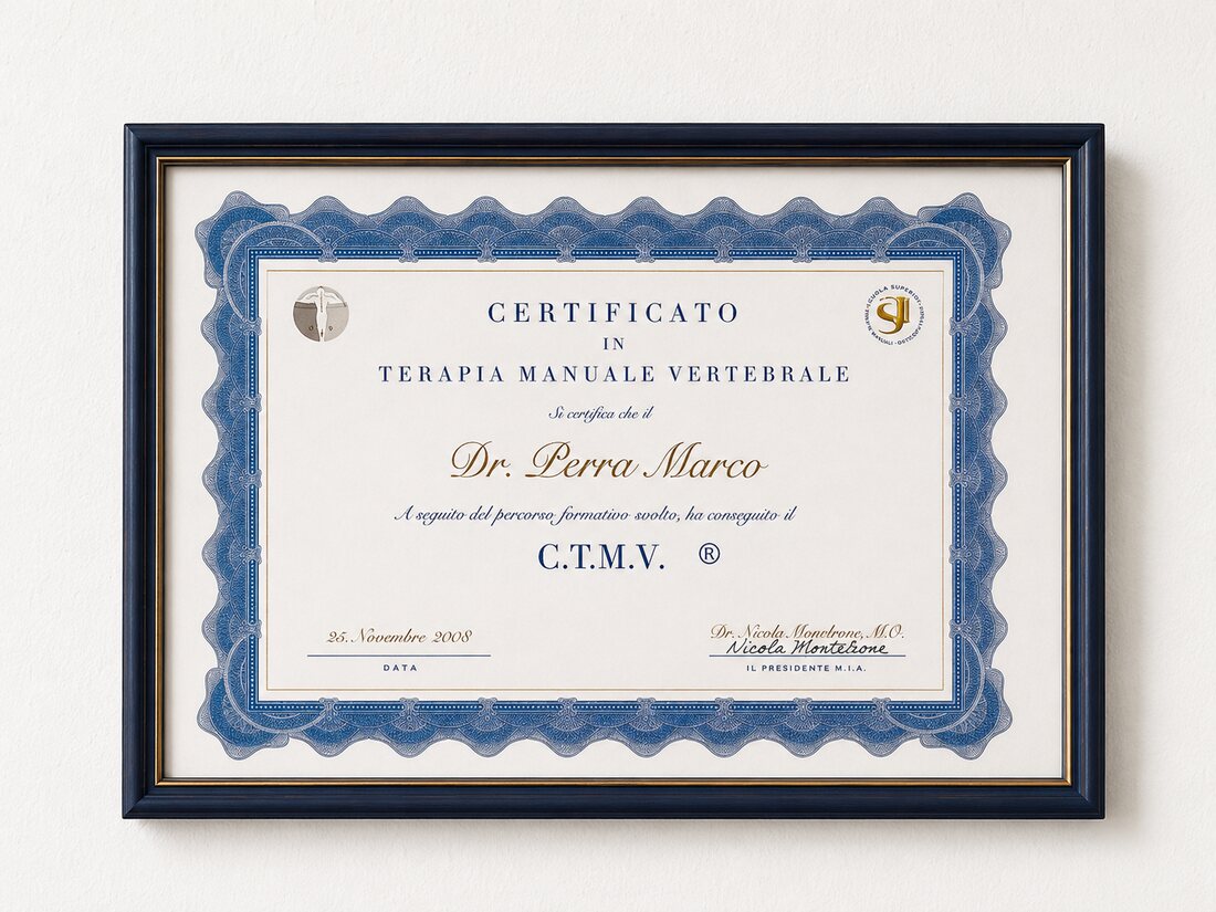 Certificate in Vertebral Manual Therapy (C.T.M.V.®) awarded to Dr Marco Perra, 25 November 2008